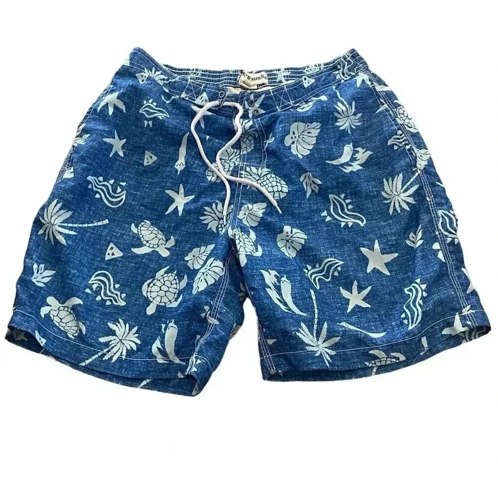 Trunks Men's Blue Coral Reef Hawaiian Print Swim Trunks Shorts Size Large